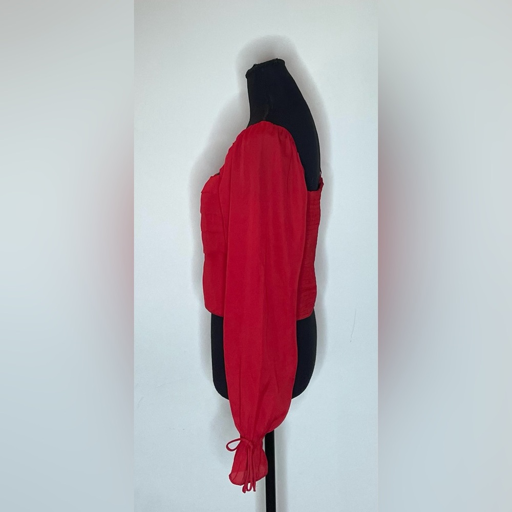 miami- Red Square-Neck Pleated Peasant Blouse Size M - Picture 5 of 12